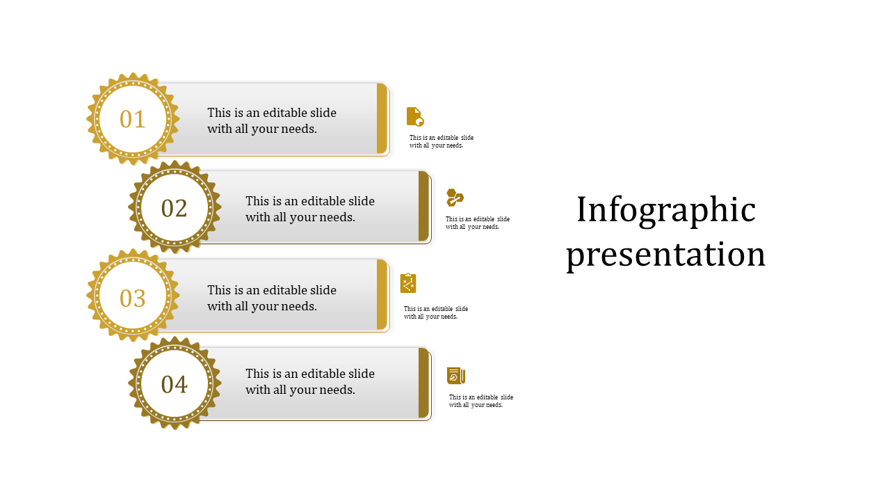 Vertical infographic with four gold circular badges numbered 01 to 04, linked to editable text boxes and icons.