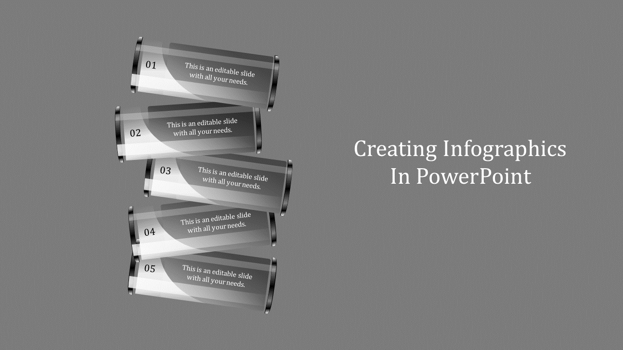 Grayscale PowerPoint infographic slide with five sections, each marked with numbers.