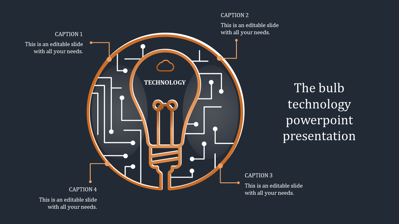 Dark slide with an orange light bulb graphic, circuit board connections, and  caption areas sections.