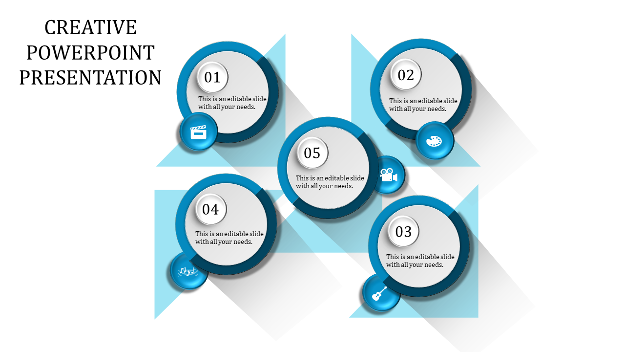 Creative PowerPoint template with five circular icons representing different media, such as film, music, and painting.