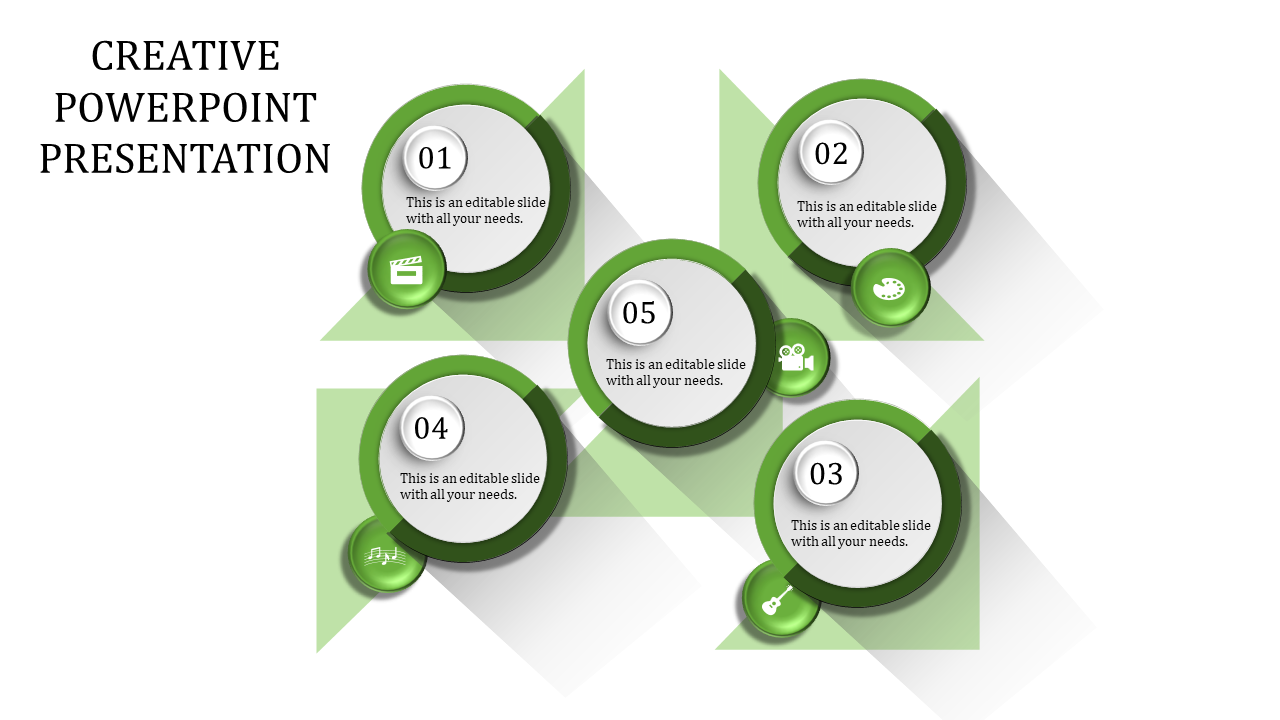 Creative layout with five green rimmed circular shapes, each with icons and captions, arranged in a geometric pattern.