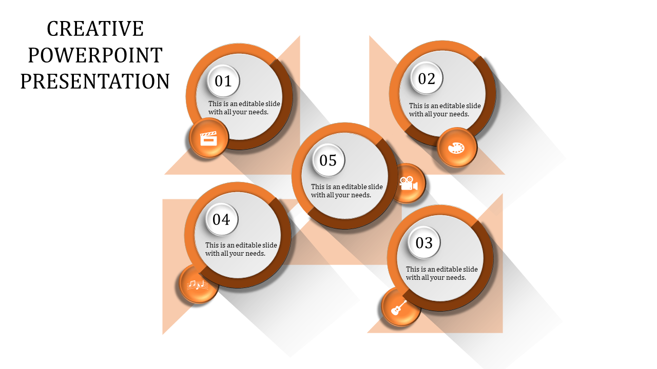 Creative layout with five orange rimmed circular shapes, each with icons and captions, arranged in a geometric pattern.