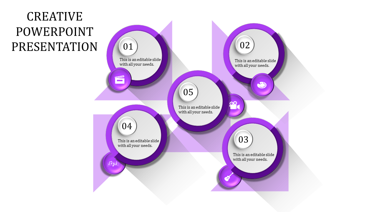 Creative layout with five purple rimmed circular shapes, each with icons and captions, arranged in a geometric pattern.