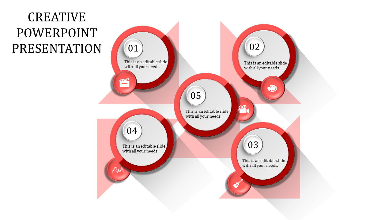 Creative slide design featuring five red circular elements with captions and associated icons, arranged in a dynamic layout.