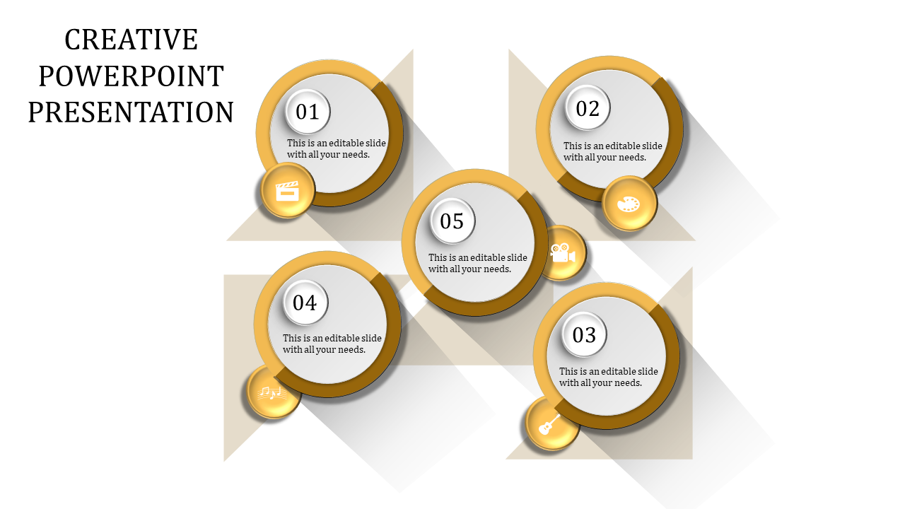 Creative layout with five yellow rimmed circular shapes, each with icons and captions, arranged in a geometric pattern.