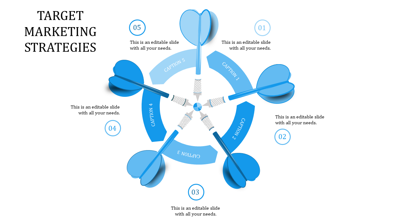Target marketing strategies PowerPoint slide with five dart sections and icons for captions.