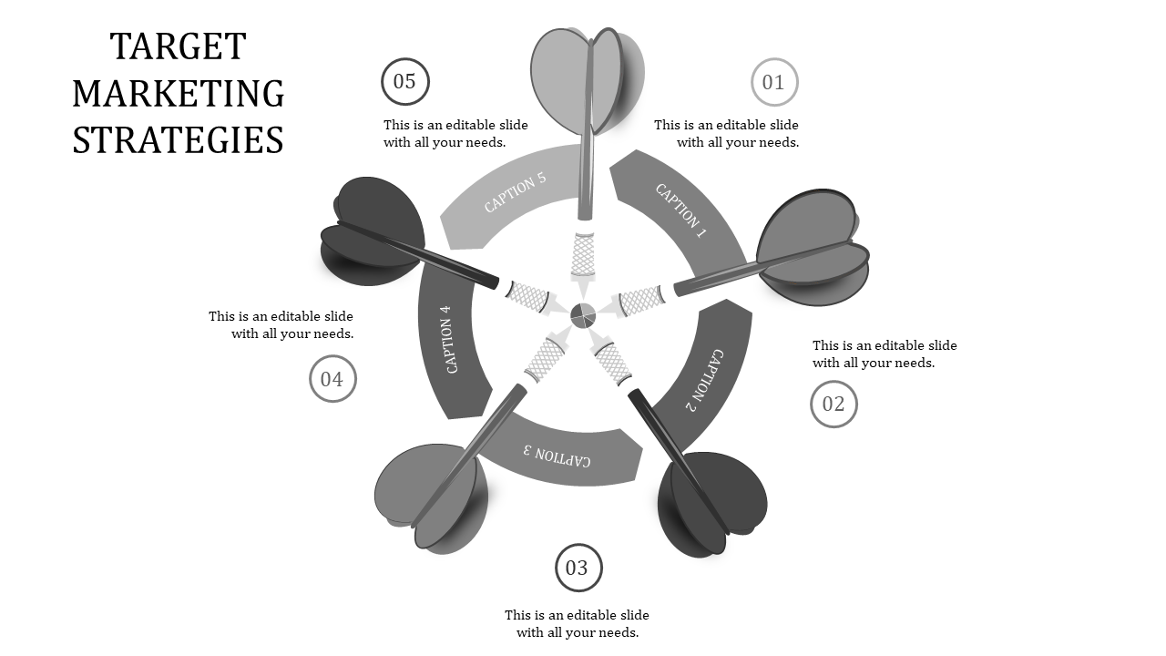 Target marketing strategies infographic with five golden darts pointing to a central target and labeled captions areas.