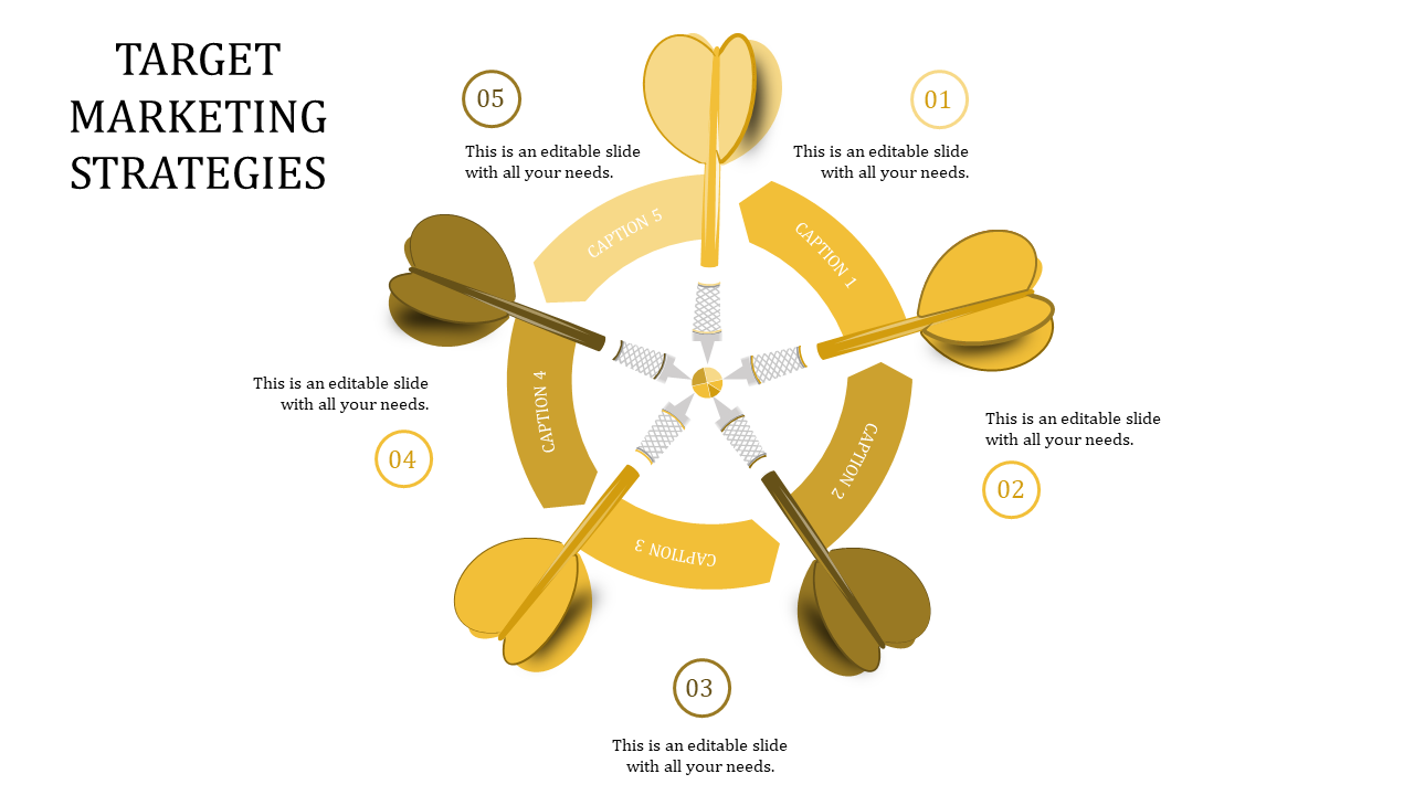 Visual representation of target marketing strategies with five green darts arranged around a central target and captions.