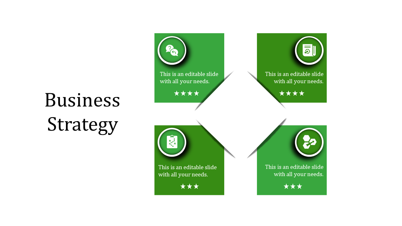 Business strategy slide with four green boxes, each containing an icon and placeholder text, arranged in a diamond format.