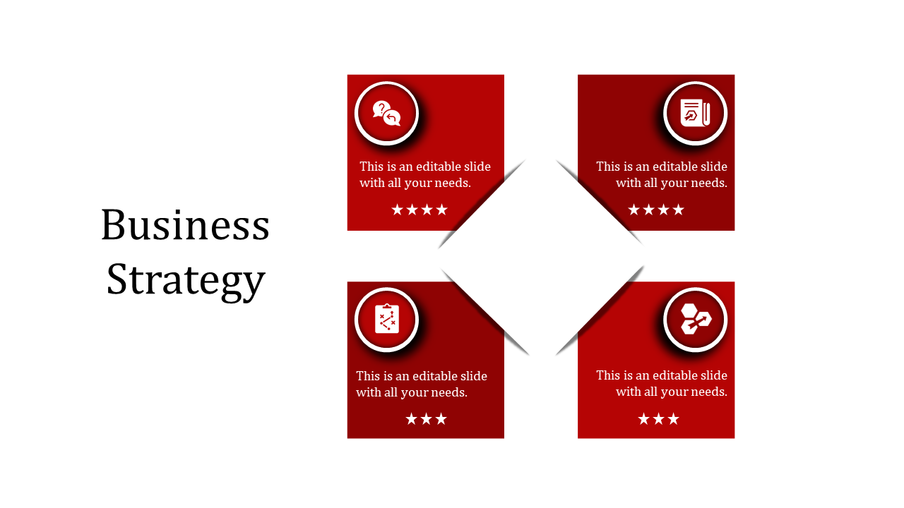 Red business strategy template with four blocks, each featuring an icon and text areas.