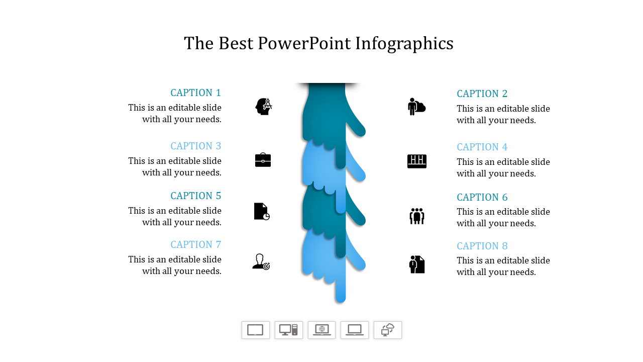 Infographic slide with icons representing research, teamwork, office work, data analysis, documents, ideas, and technology.