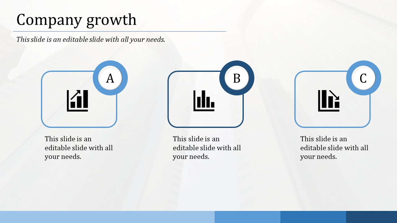 Slide illustrating company growth with three labeled sections A, B, and C, each featuring graph icons in a blue theme.