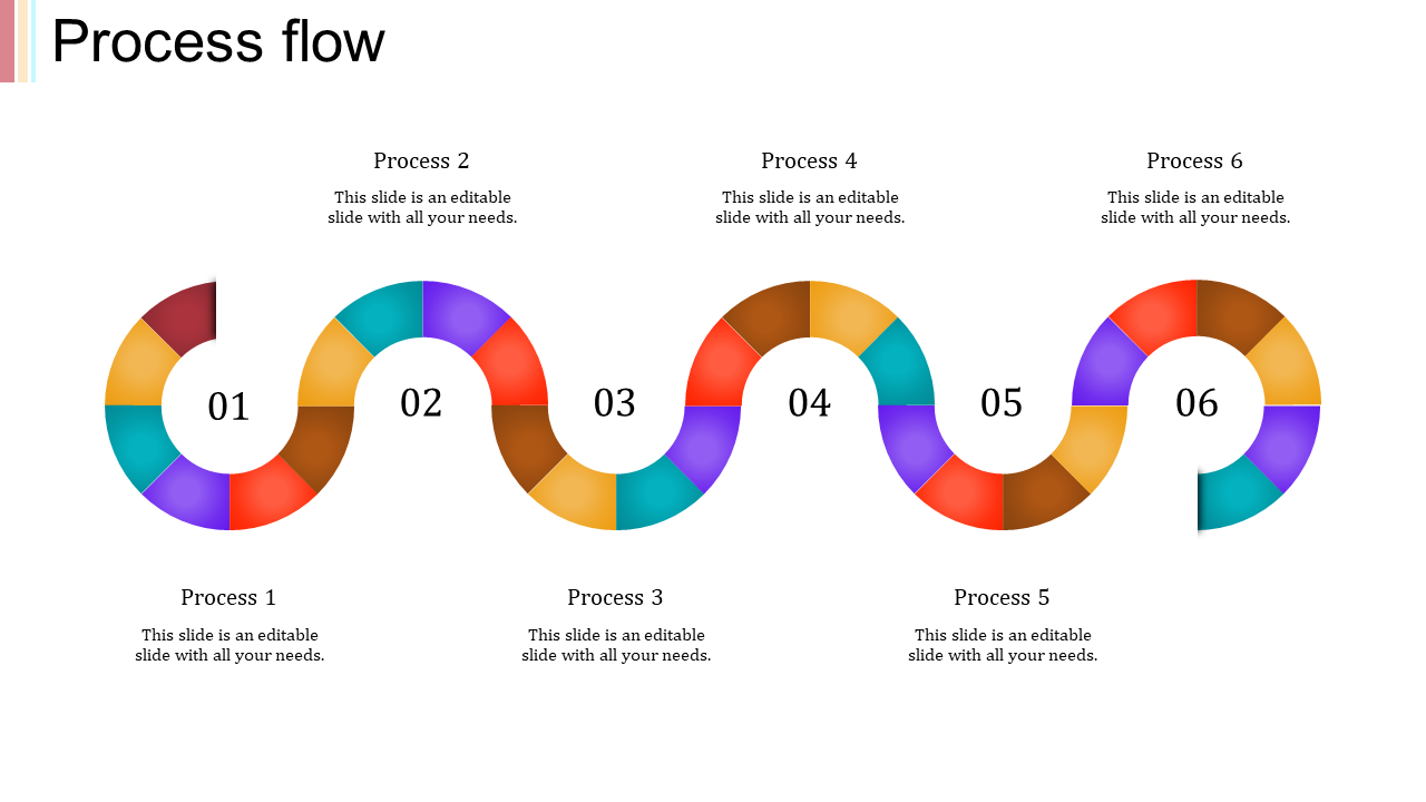 Process flow diagram with six curved segments, each assigned a different color and number with caption areas.