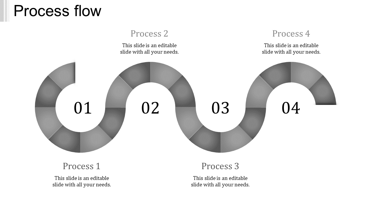 Process flow template with four gray segments, each representing a process step with placeholder text.