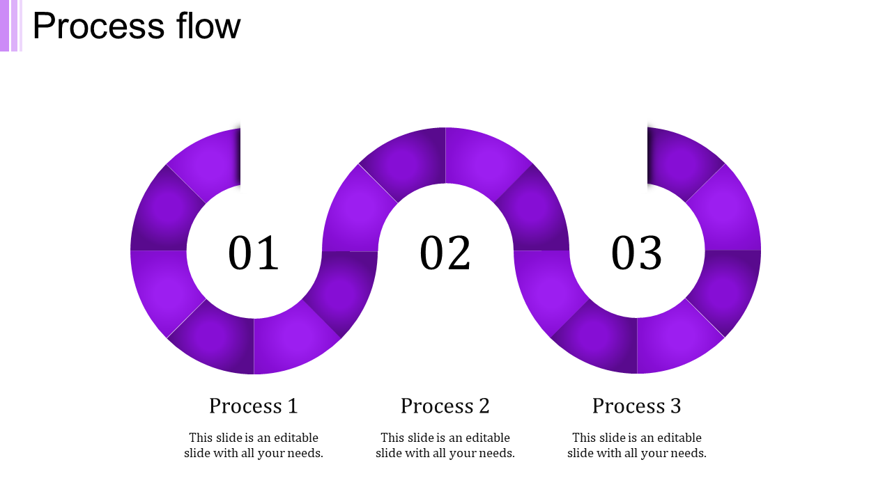 Wavy purple process flow design with circular segments and three steps labeled 01, 02, and 03.
