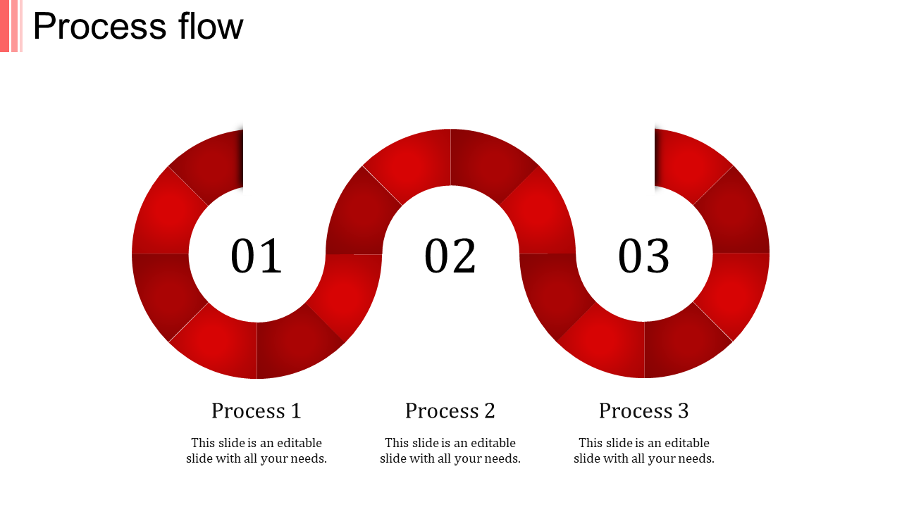 Process flow PowerPoint template featuring three numbered red sections, arranged in a loop, each with a caption.