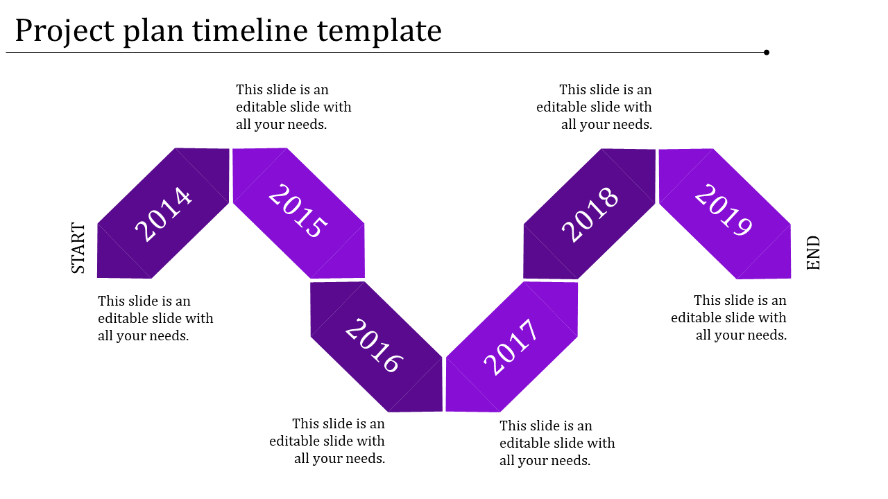 Project timeline template with a purple design, showing each year's step from 2014 to 2019 with placeholder text.