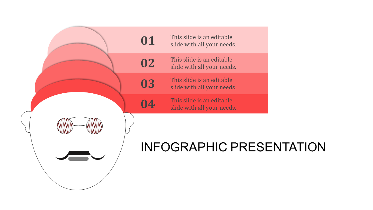 Face illustration with a layered red hat paired with four horizontal shapes on a clean white background.