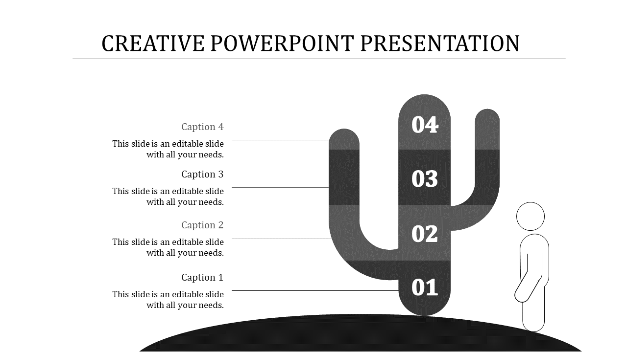 PowerPoint slide with a cactus diagram, representing a creative process with numbered sections in shades of gray.