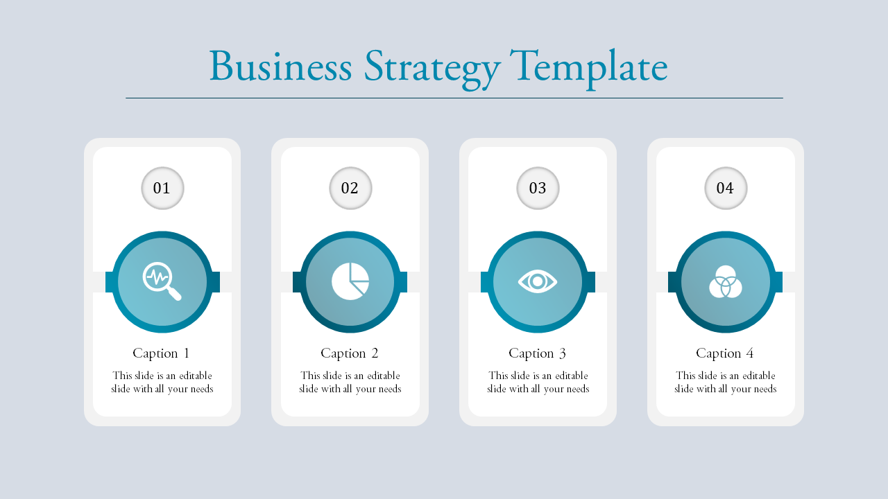 Business strategy template with four white cards featuring blue icons and captions, numbered 01 to 04.