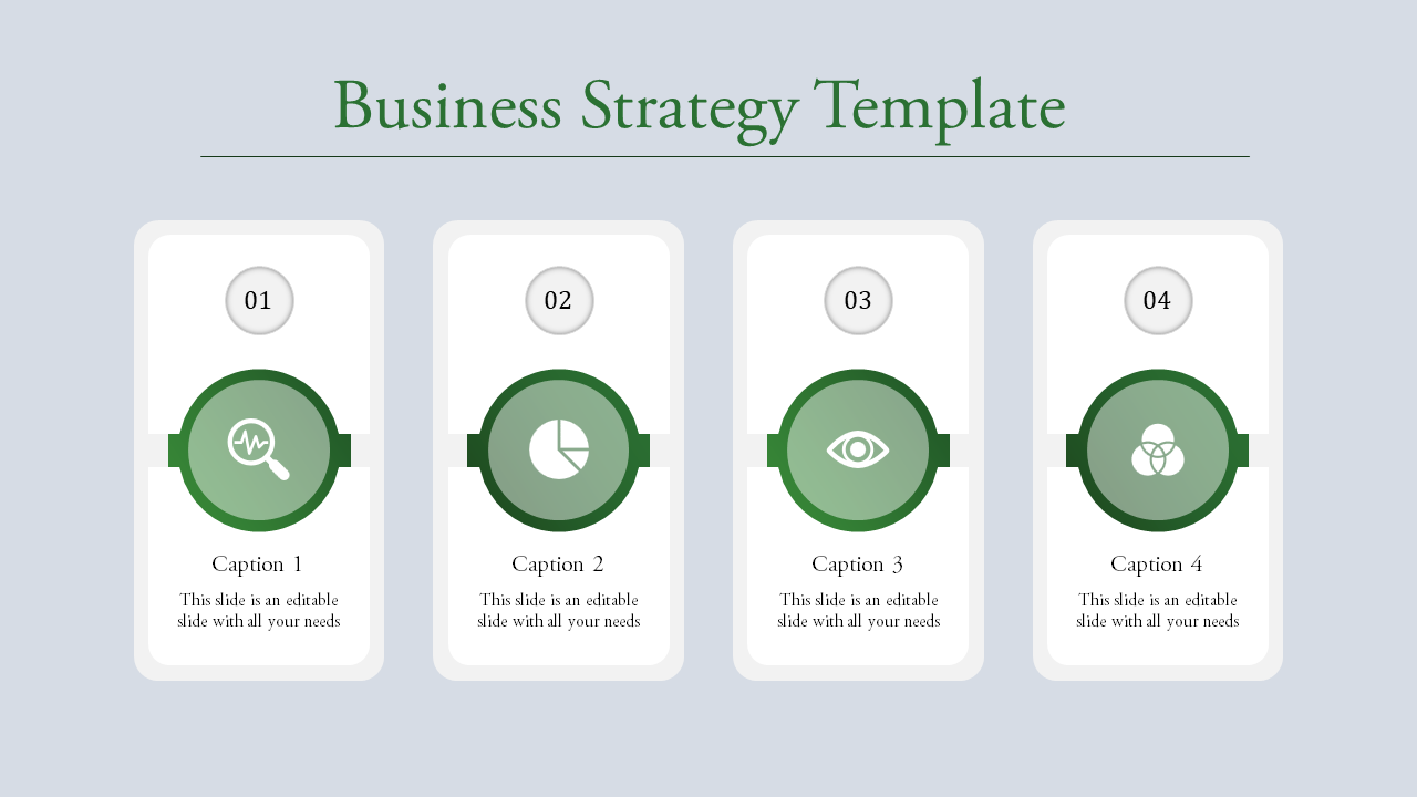 Business strategy template with four rectangular panels, each containing a dark green icon and step numbers from 01 to 04.