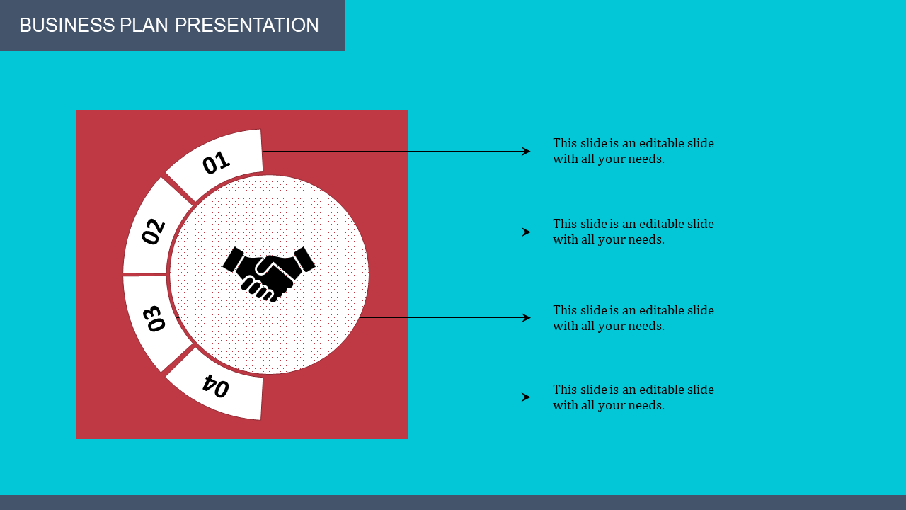 Business plan PowerPoint template featuring a handshake icon and four numbered sections, each with text on a blue backdrop.