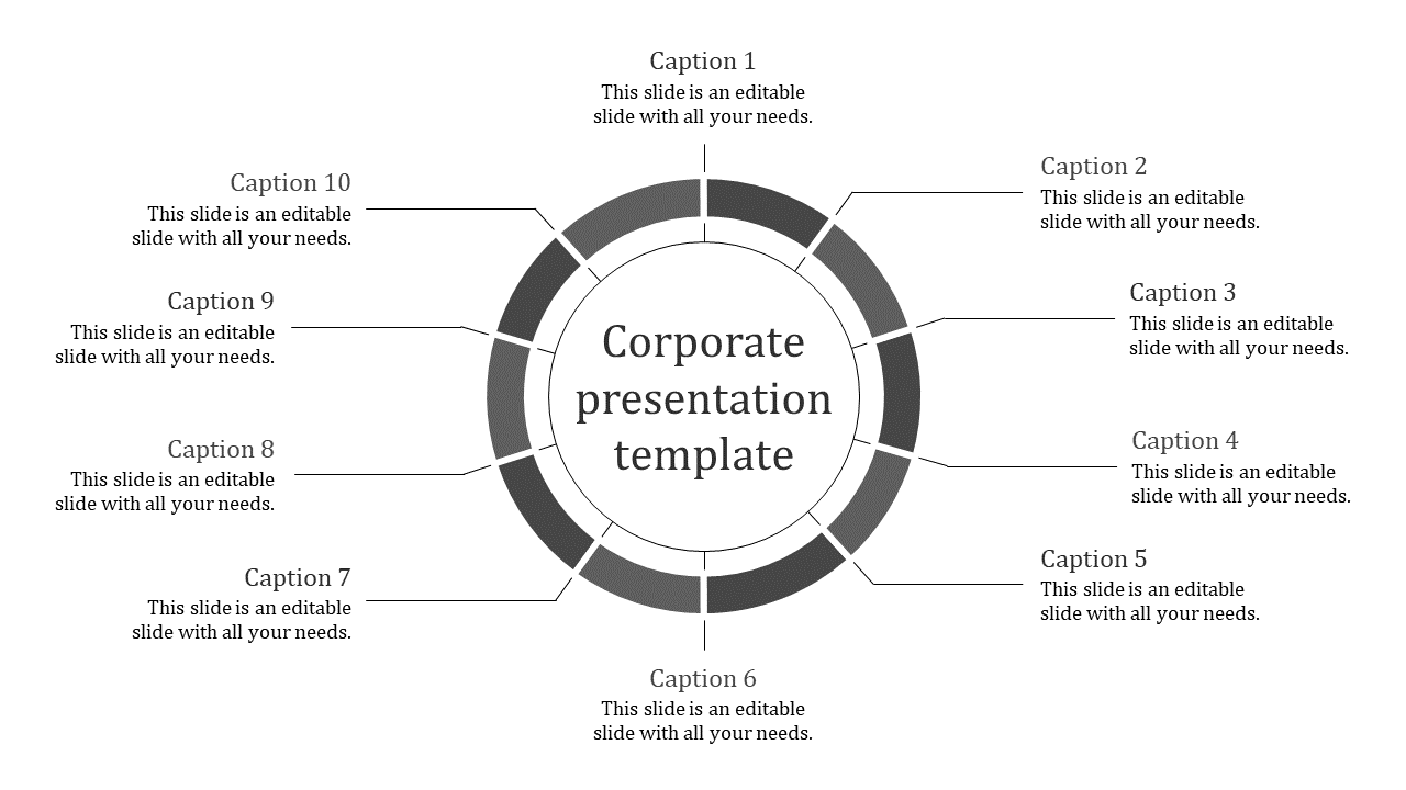 Gray circular infographic with ten captions evenly spaced around a central corporate presentation title.