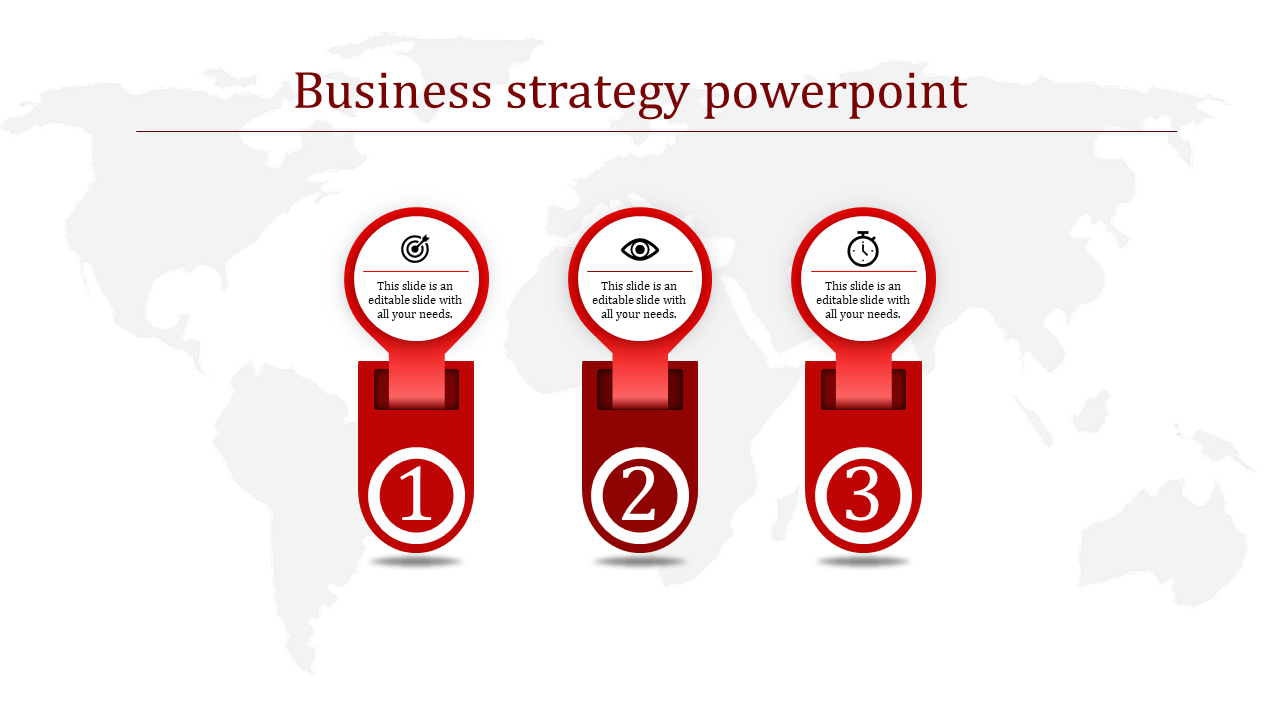 Red-themed three-step business strategy infographic featuring icons for goal, vision, and time on a subtle global map.