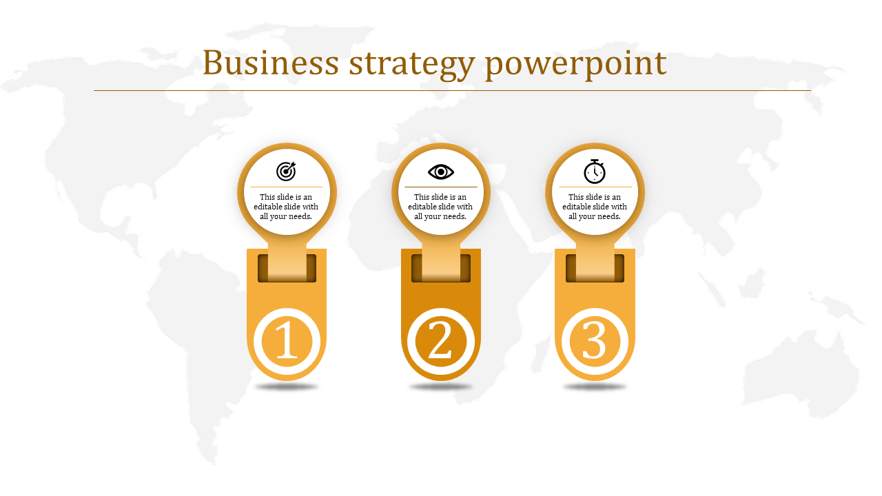 Minimalist three-step strategy template in gold, each step labeled with an icon and number on a world map.