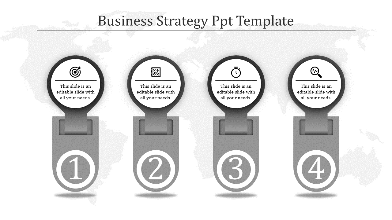 Gray themed infographic with four vertical steps, circular icons on top, and numbered sections over a world map.