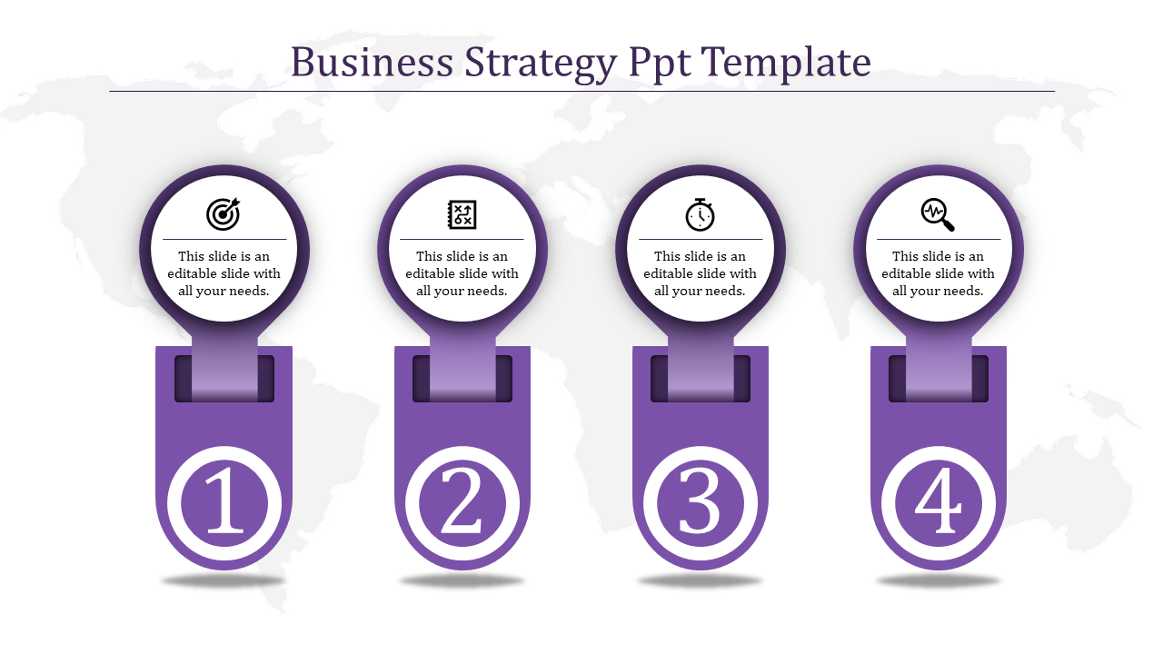 Four-step business strategy design in purple, each step showing an icon and number over a muted world map backdrop.
