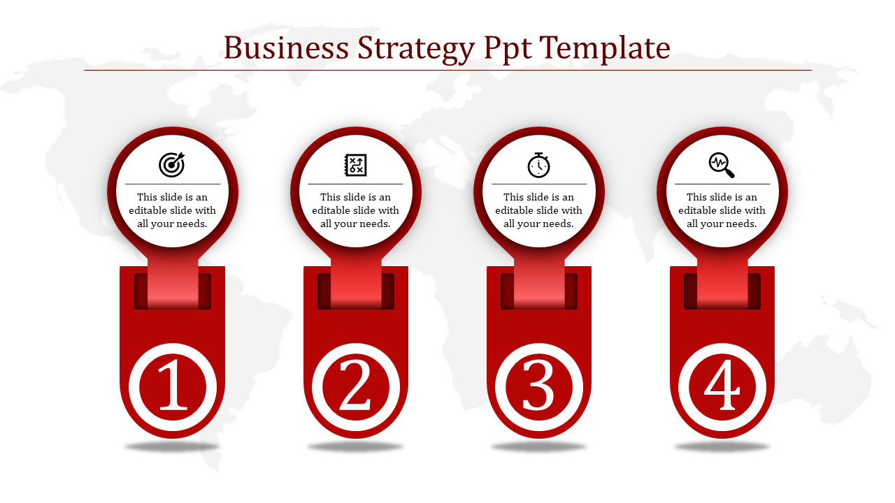Business strategy PPT layout with four numbered segments, including icons for target, analysis, time, and research.