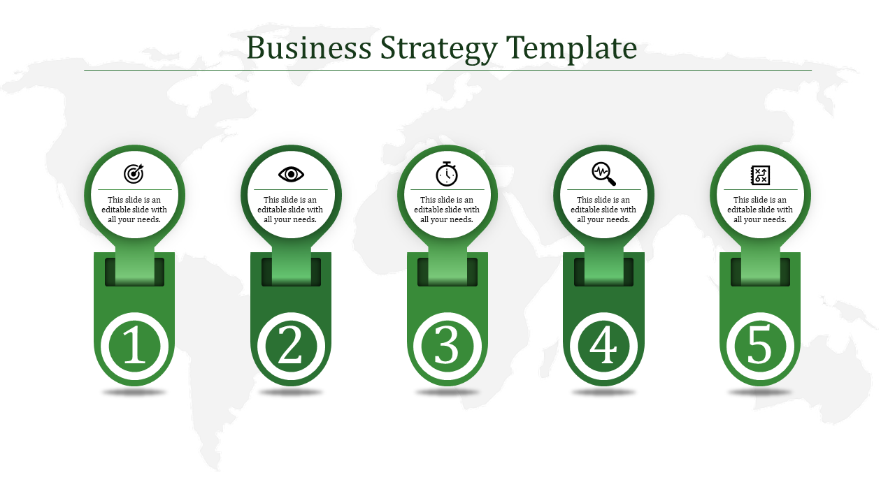 Business strategy PPT slide featuring five green sections with icons representing goals, analysis, time, monitoring, and tasks.