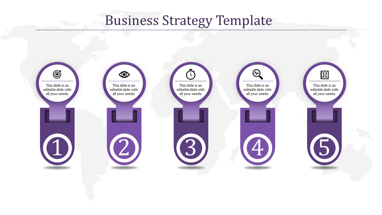 Business strategy slide featuring five purple sections with icons representing goals, analysis, time, monitoring, and tasks.