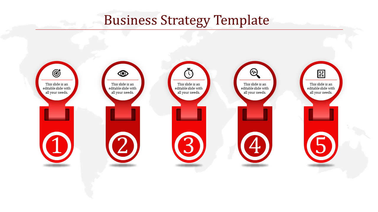 Infographic showcasing five numbered red blocks with circular icons, arranged horizontally over a faint world map.