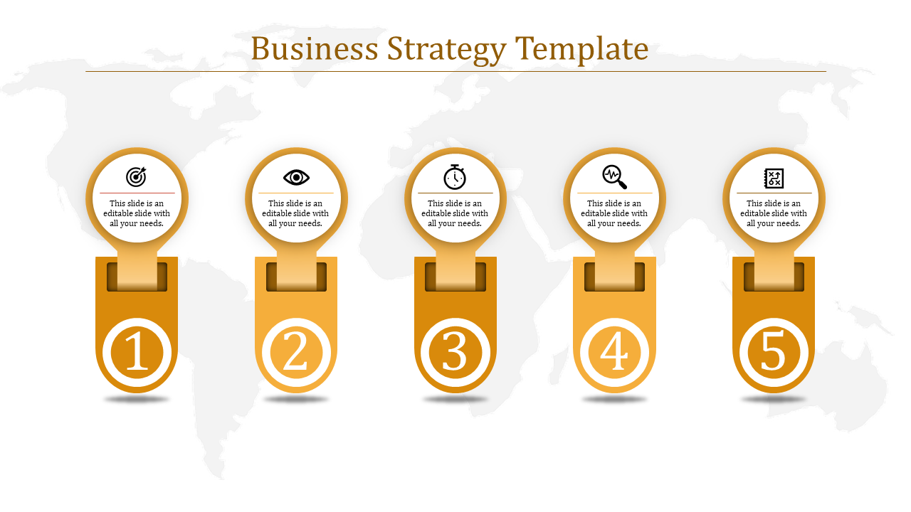 Slide with five yellow vertical shapes, rounded tops featuring icons, and numbered bottoms from 1 to 4 on a map background.