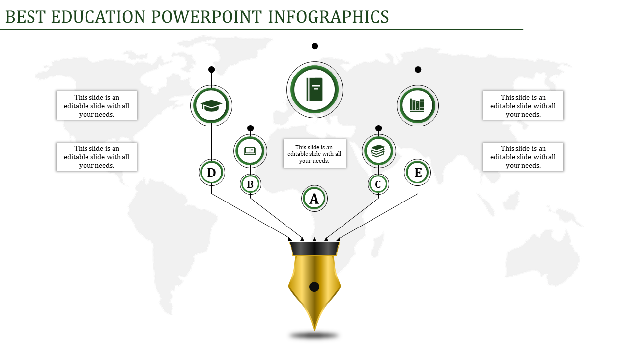Infographic PPT template for education, featuring five text sections connected to a fountain pen with icons.