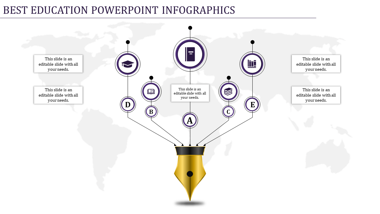 Infographic PPT template for education, featuring five text sections connected to a fountain pen with blue icons.