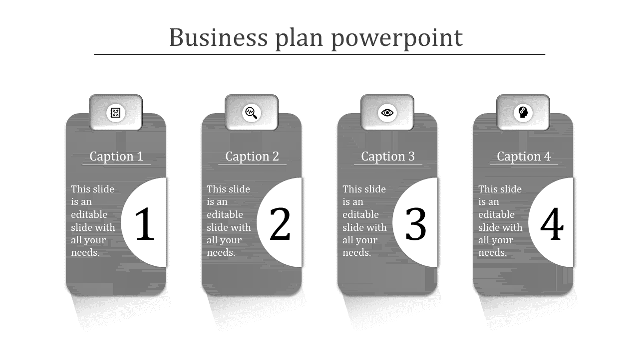 Business plan PowerPoint template with four gray colored sections, each with a numbered icon and captions.
