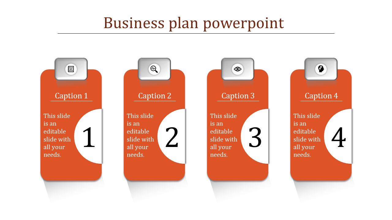 Four-step orange business plan layout, each section with a numeric label, icon, and space for details.