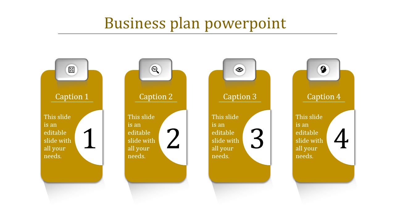 Business plan slide in gold, featuring four blocks with icons, numeric labels, and placeholders text areas.
