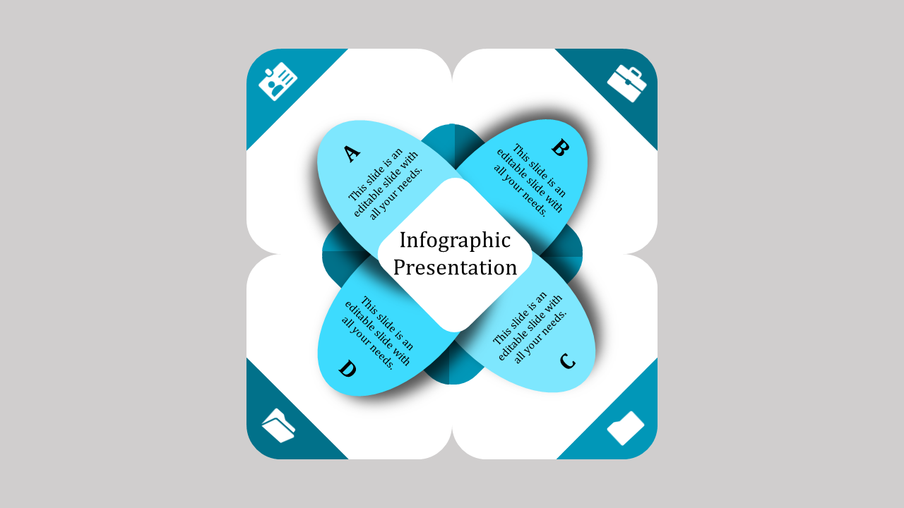 Blue petal shaped infographic design with four sections labeled A to D and icons in each corner on a gray background.