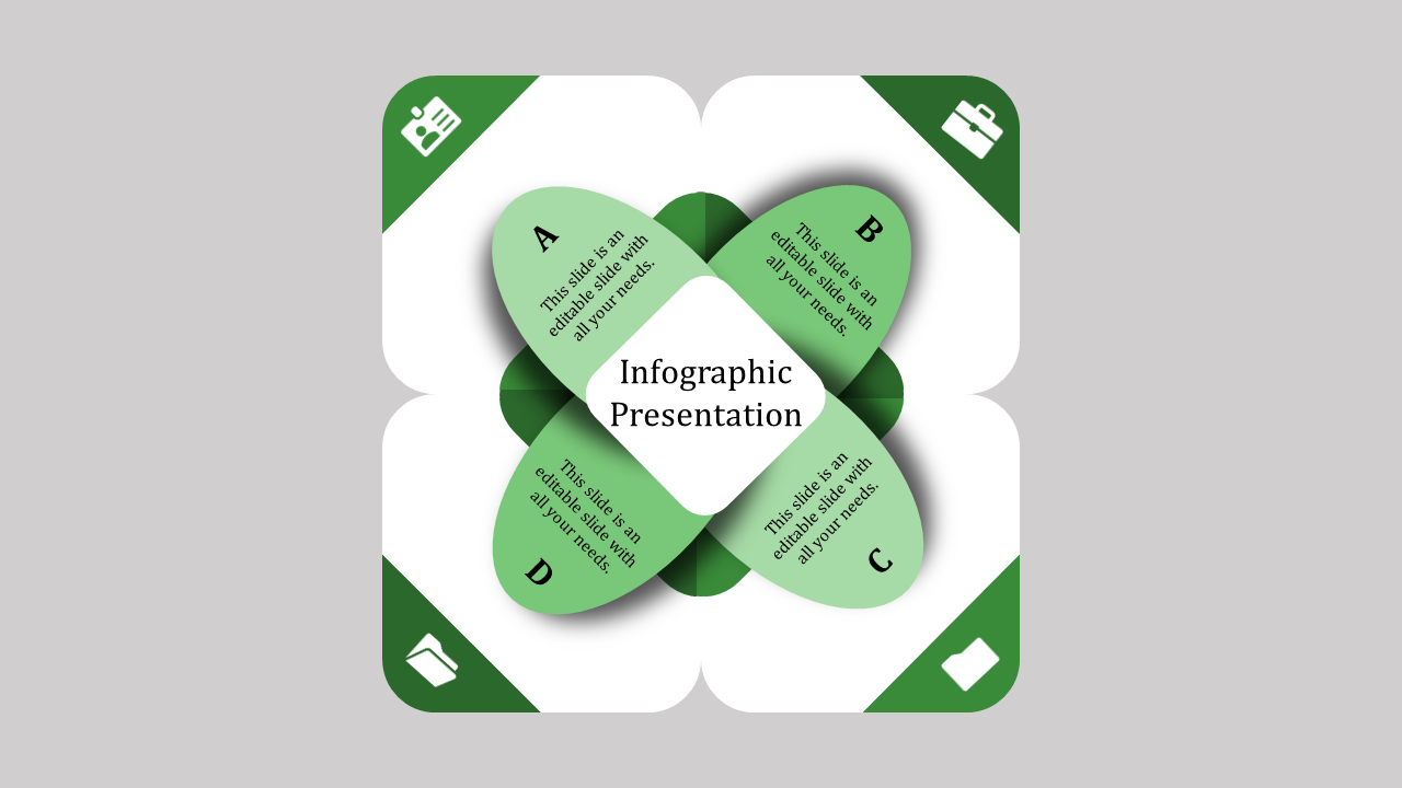 Green four-petal infographic with placeholders labeled A-D, corner icons, and a central text area for presentation details.