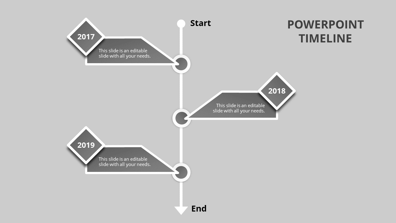 Clean grayscale timeline slide with diamond-shaped milestones for 2017, 2018, and 2019, connected by a white vertical path.