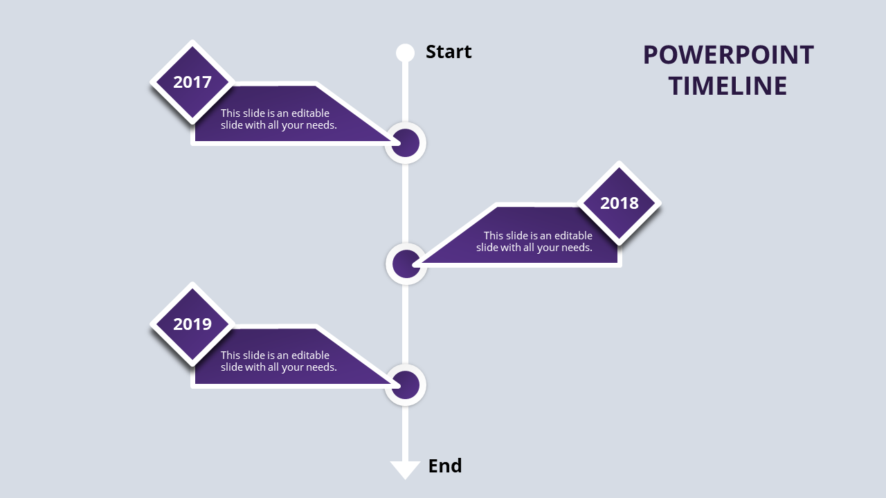Purple PowerPoint timeline template showing years 2017 to 2019 with text fields and start and end markers.