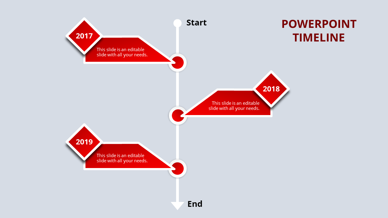 Timeline design featuring three red diamond markers for years, arranged on a vertical path from start to end.
