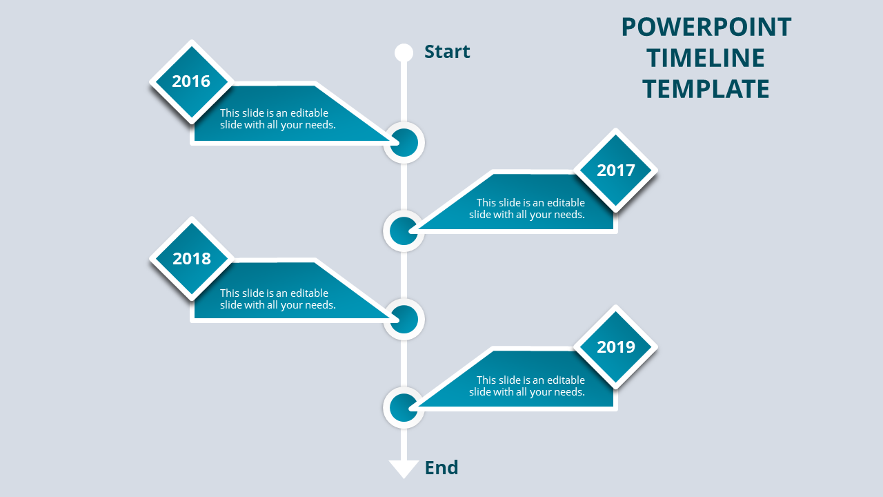 Timeline slide with four blue diamond shapes for years, circular connectors, and a linear flow from top to bottom.