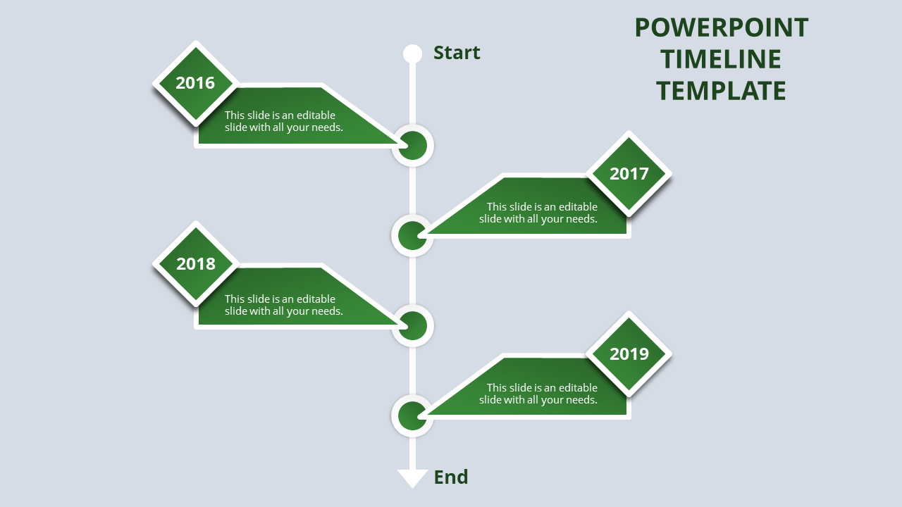 Minimalist timeline template with a vertical flow, diamond markers in green, and four key milestone points from 2016 to 2019.