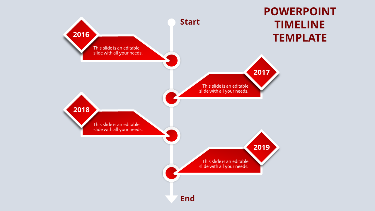 Timeline PPT template with diamonds representing years from 2016 to 2019 and a start to end flow with placeholder text.