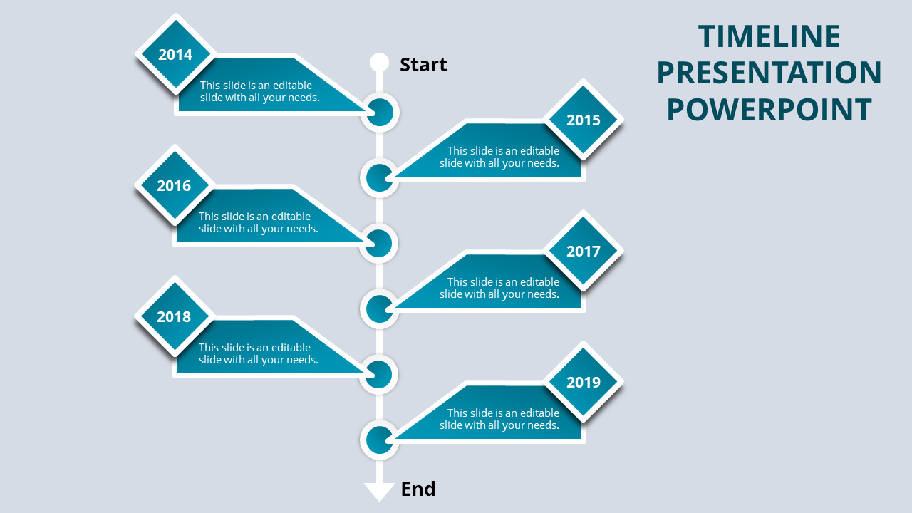 Professional timeline template displaying a structured vertical layout with alternating blue diamond milestones for years.